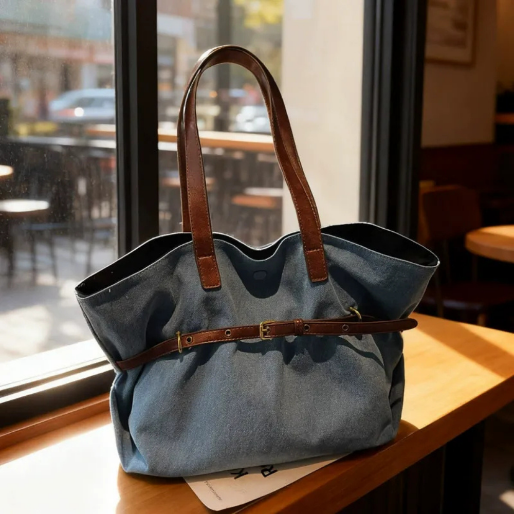 Azzira Belted Denim Tote Bag for Women | Asverra