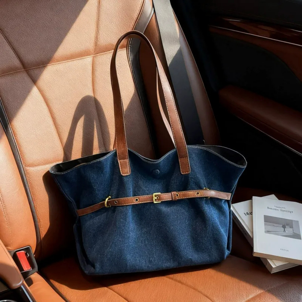 Azzira Belted Denim Tote Bag for Women | Asverra