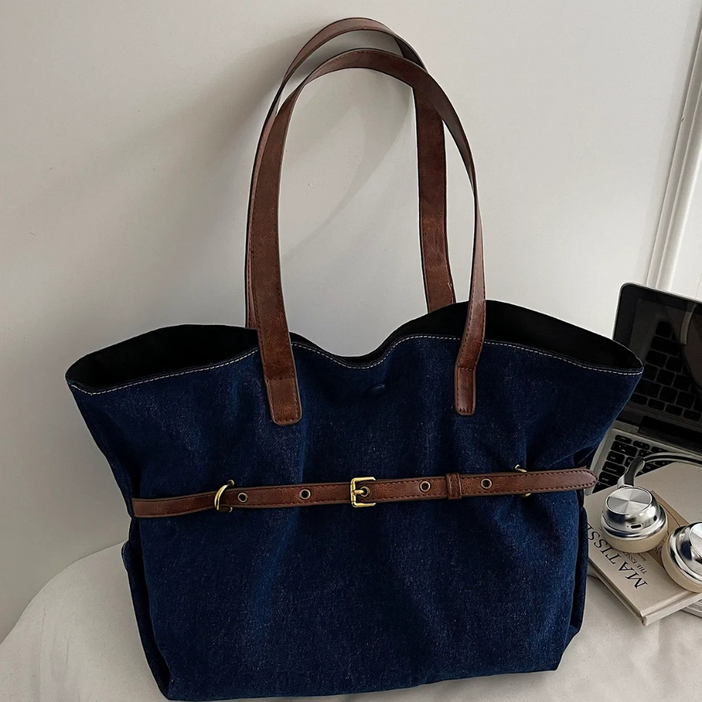Azzira Belted Denim Tote Bag for Women | Asverra