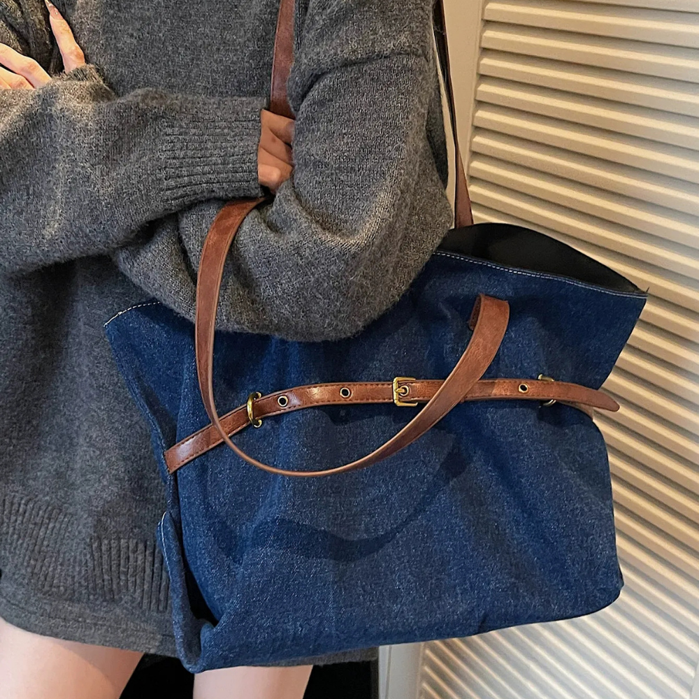 Azzira Belted Denim Tote Bag for Women | Asverra