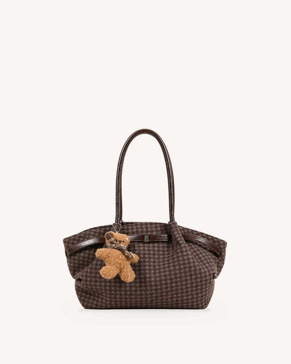 Oursette Teddy Charm Check Tote Bag - Mocha Brown - front view Hauptbild