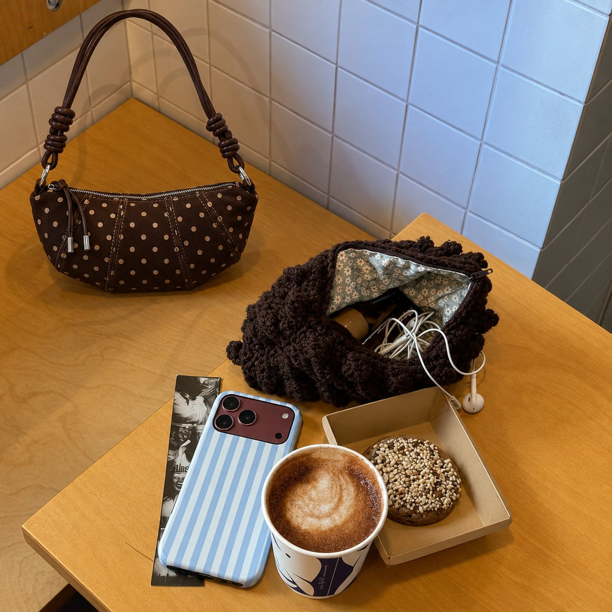 Briochelle Polka Dot Croissant Shoulder Bag - Chocolate Brown - on a cafe table
