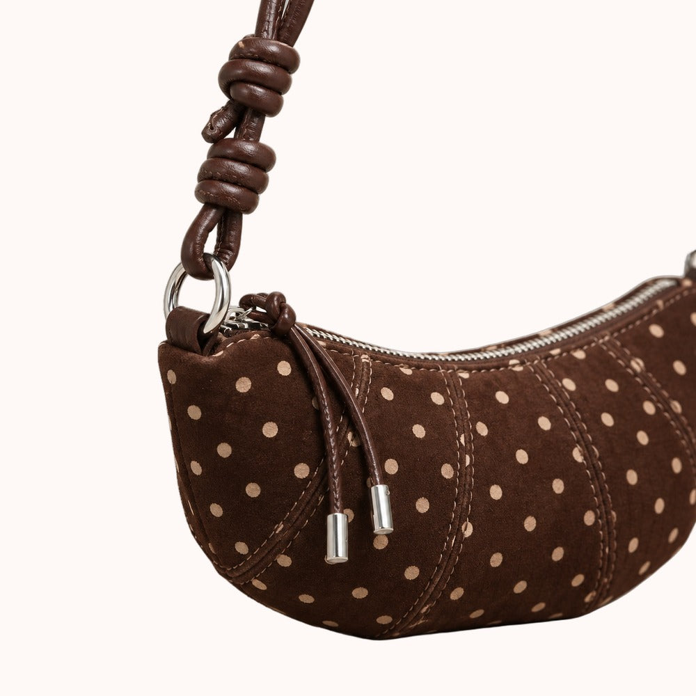 Briochelle Polka Dot Croissant Shoulder Bag - Chocolate Brown - knotted strap and silver-tone hardware