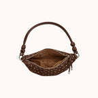 Briochelle Polka Dot Croissant Shoulder Bag - Chocolate Brown - open zip top and caramel lining