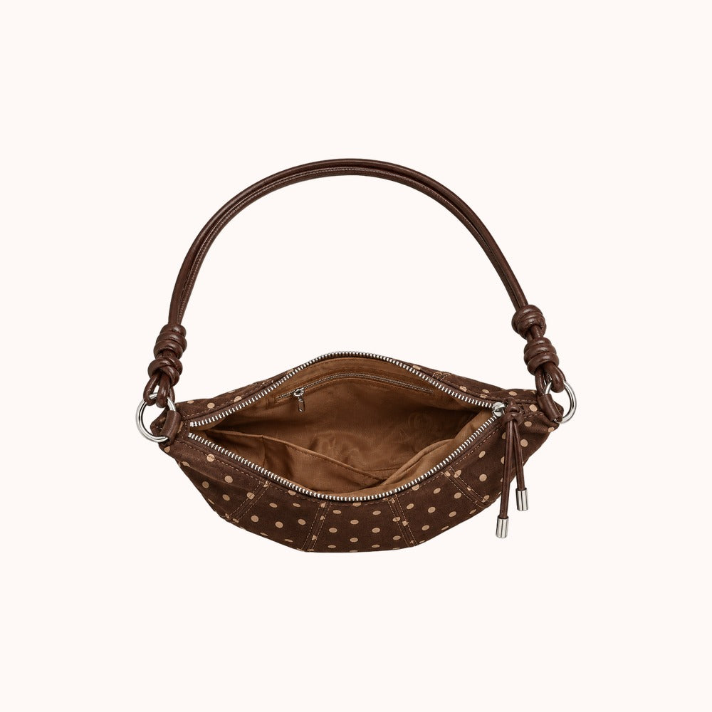 Briochelle Polka Dot Croissant Shoulder Bag - Chocolate Brown - open zip top and caramel lining