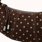 Briochelle Polka Dot Croissant Shoulder Bag - Chocolate Brown - suede-look polka dot texture and stitching
