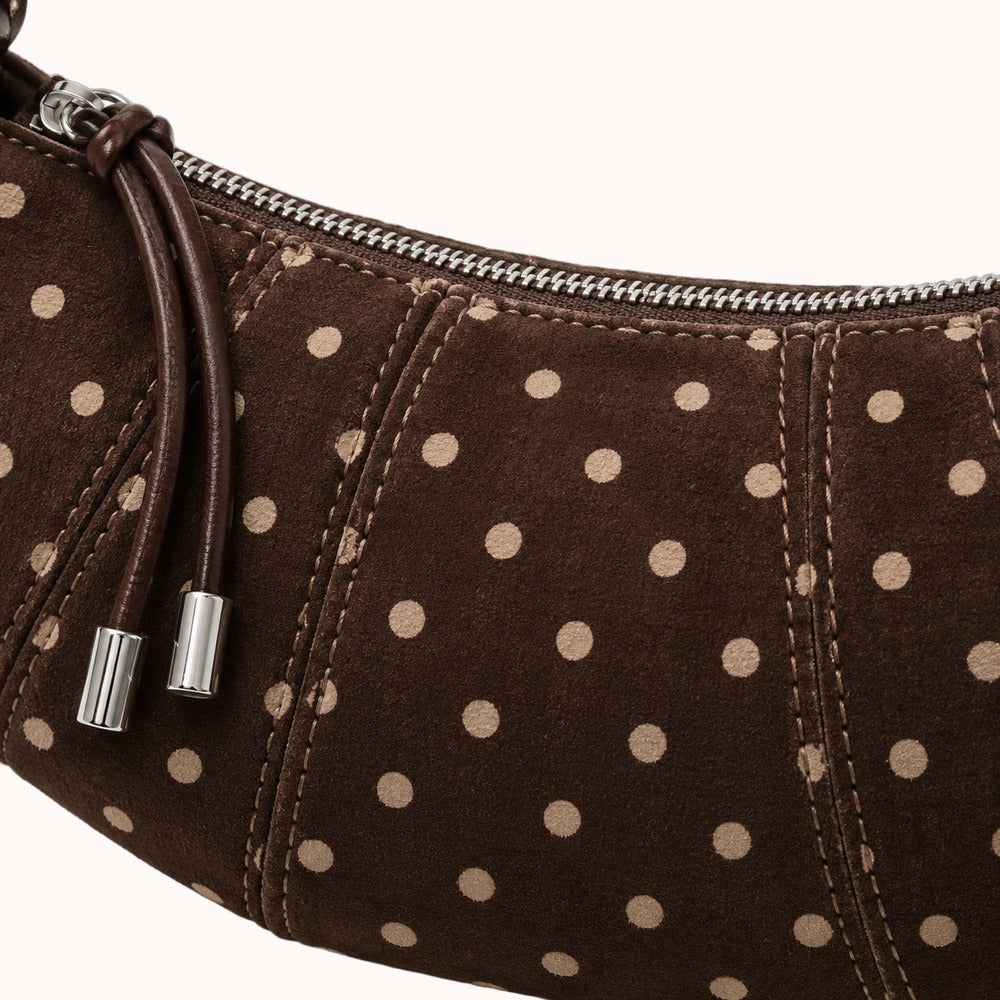 Briochelle Polka Dot Croissant Shoulder Bag - Chocolate Brown - suede-look polka dot texture and stitching