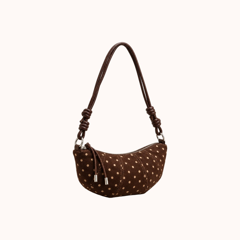 Briochelle Polka Dot Croissant Shoulder Bag - Chocolate Brown - three-quarter view