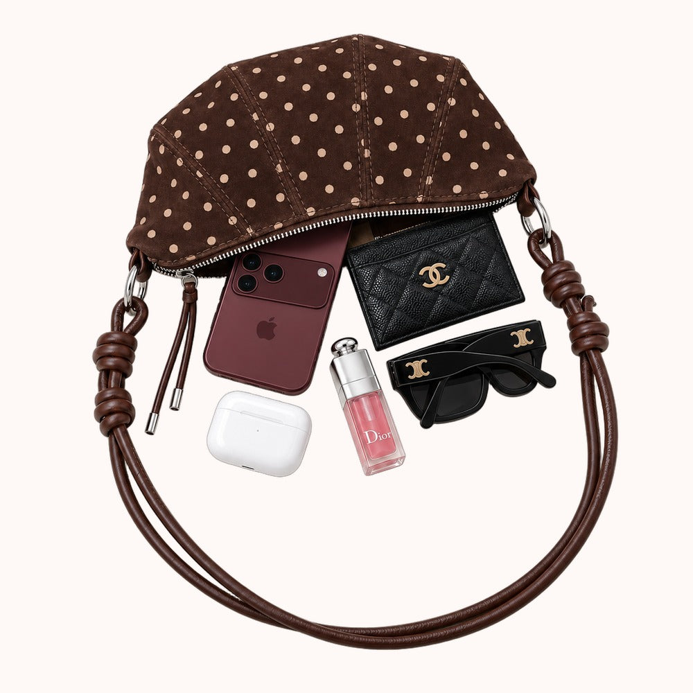 Briochelle Polka Dot Croissant Shoulder Bag - Chocolate Brown - fits a phone, cardholder, earbuds, lip gloss and sunglasses