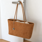 Daimée Suede-Look Shoulder Bag - Khaki - hanging on a door handle