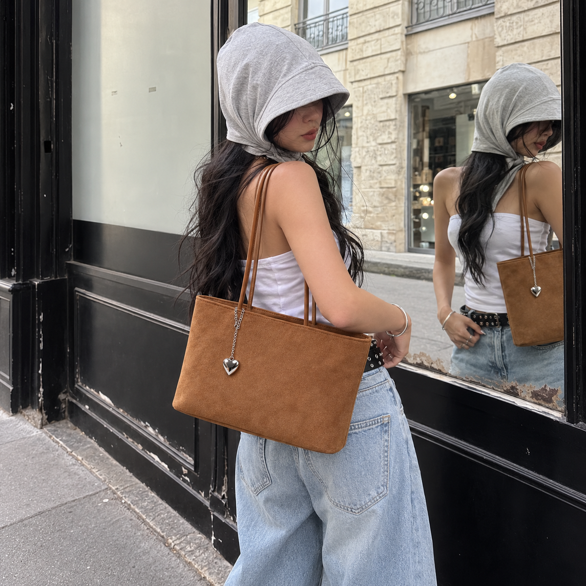 Daimée Suede-Look Shoulder Bag - Khaki - street style in Paris