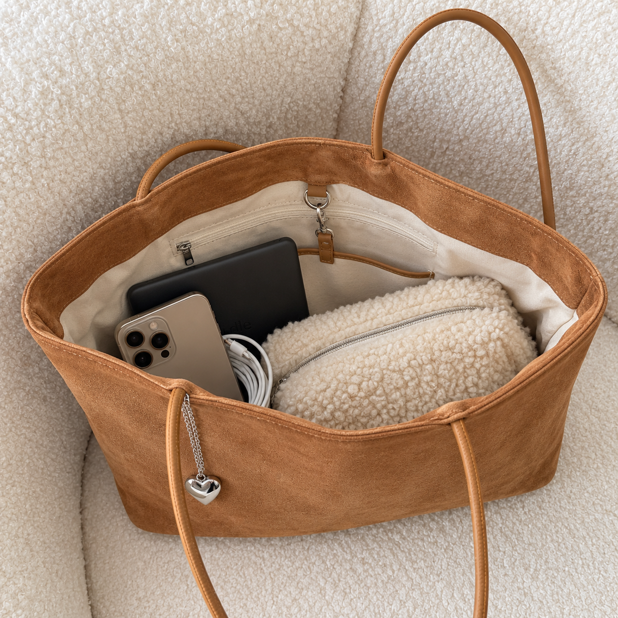 Daimée Suede-Look Shoulder Bag - Khaki - on a bouclé armchair