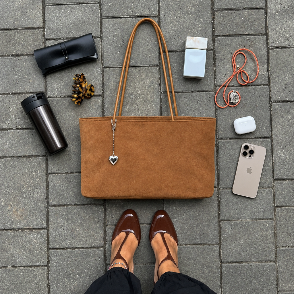 Daimée Suede-Look Shoulder Bag - Khaki - flat lay with everyday essentials