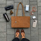 Daimée Suede-Look Shoulder Bag - Khaki - flat lay with everyday essentials