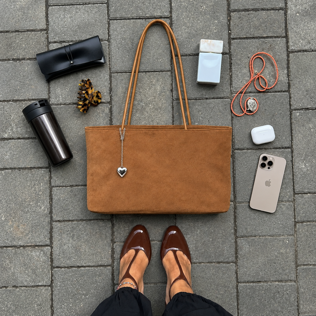 Daimée Suede-Look Shoulder Bag - Khaki - flat lay with everyday essentials
