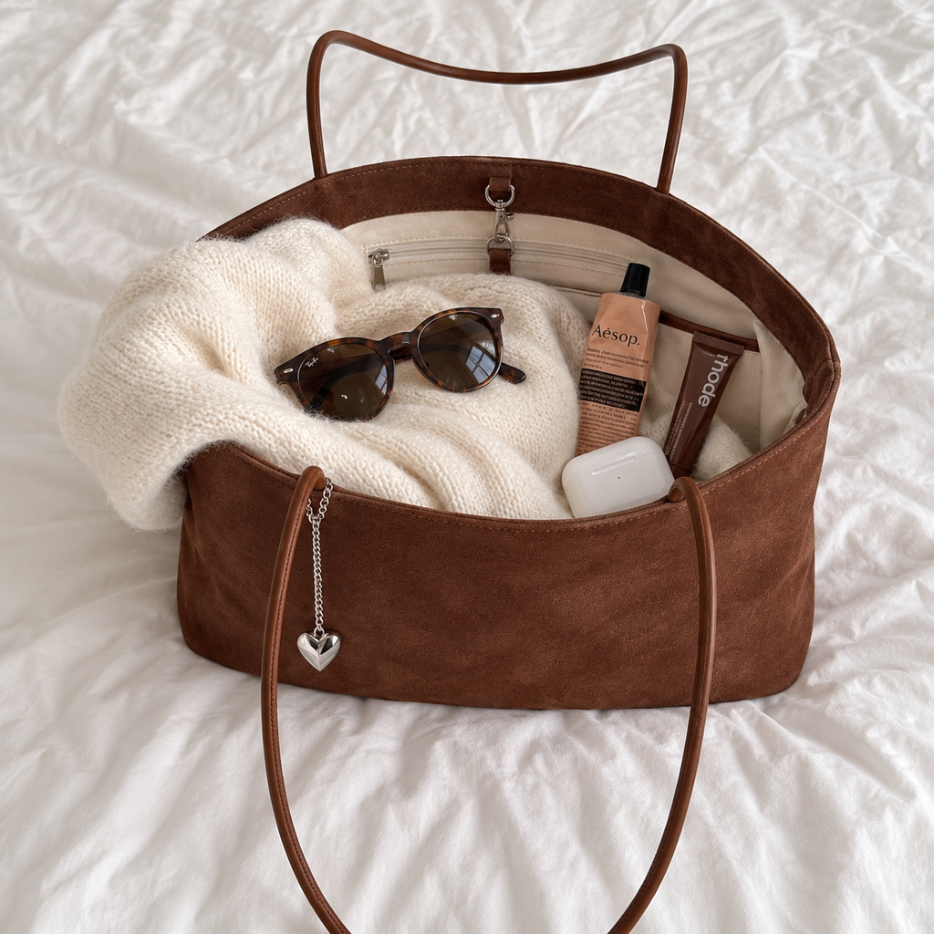 Daimée Suede-Look Shoulder Bag - Brown - open on the bed with everyday essentials