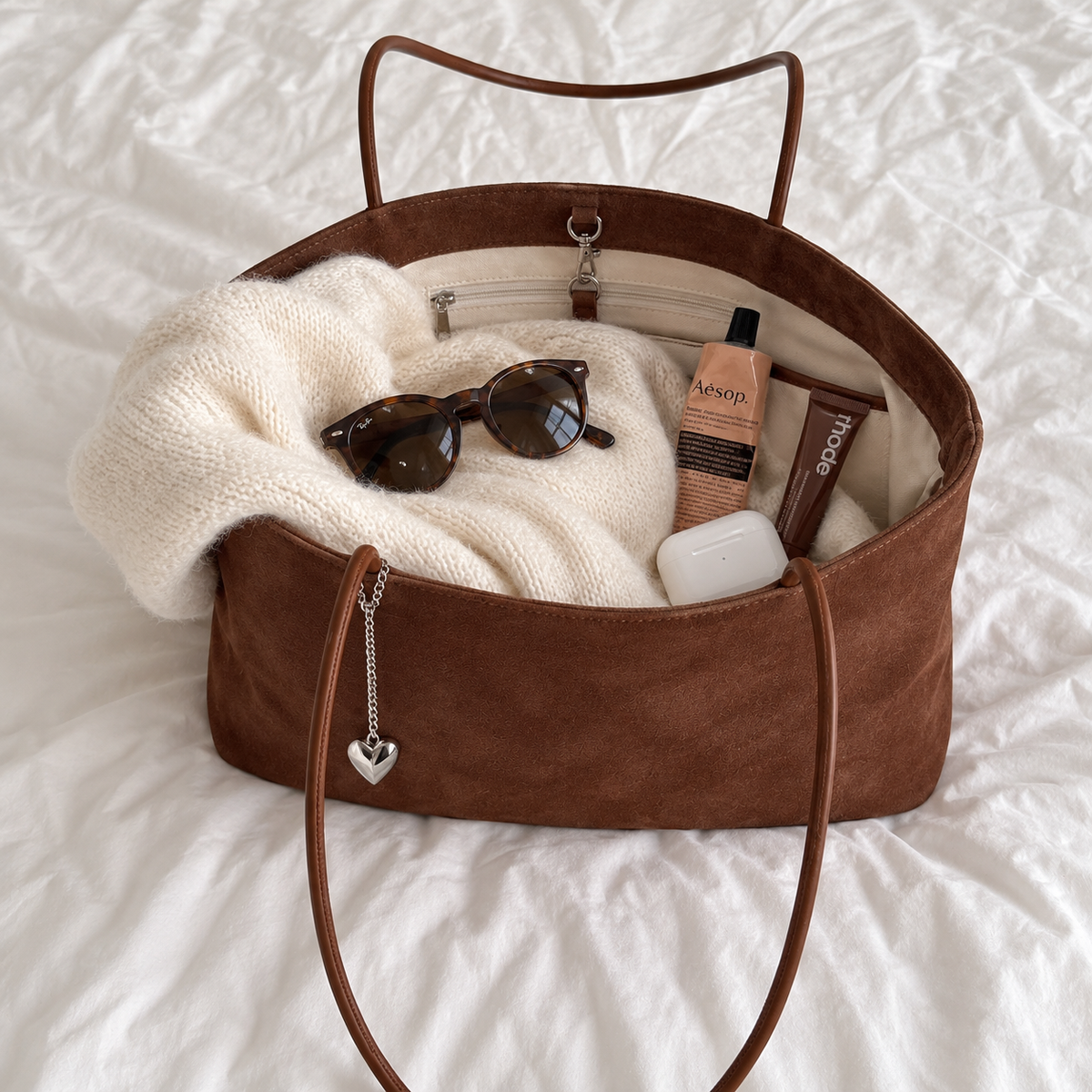 Daimée Suede-Look Shoulder Bag - Brown - open on the bed with everyday essentials