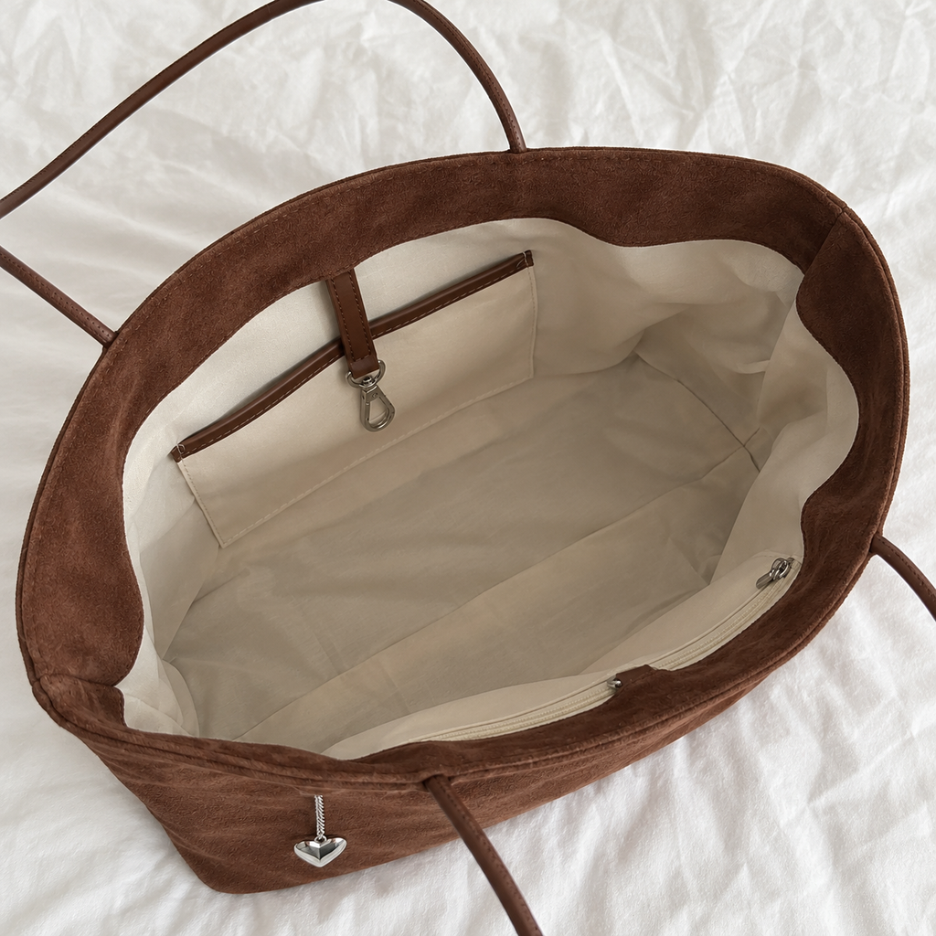 Daimée Suede-Look Shoulder Bag - Brown - inside zip pocket