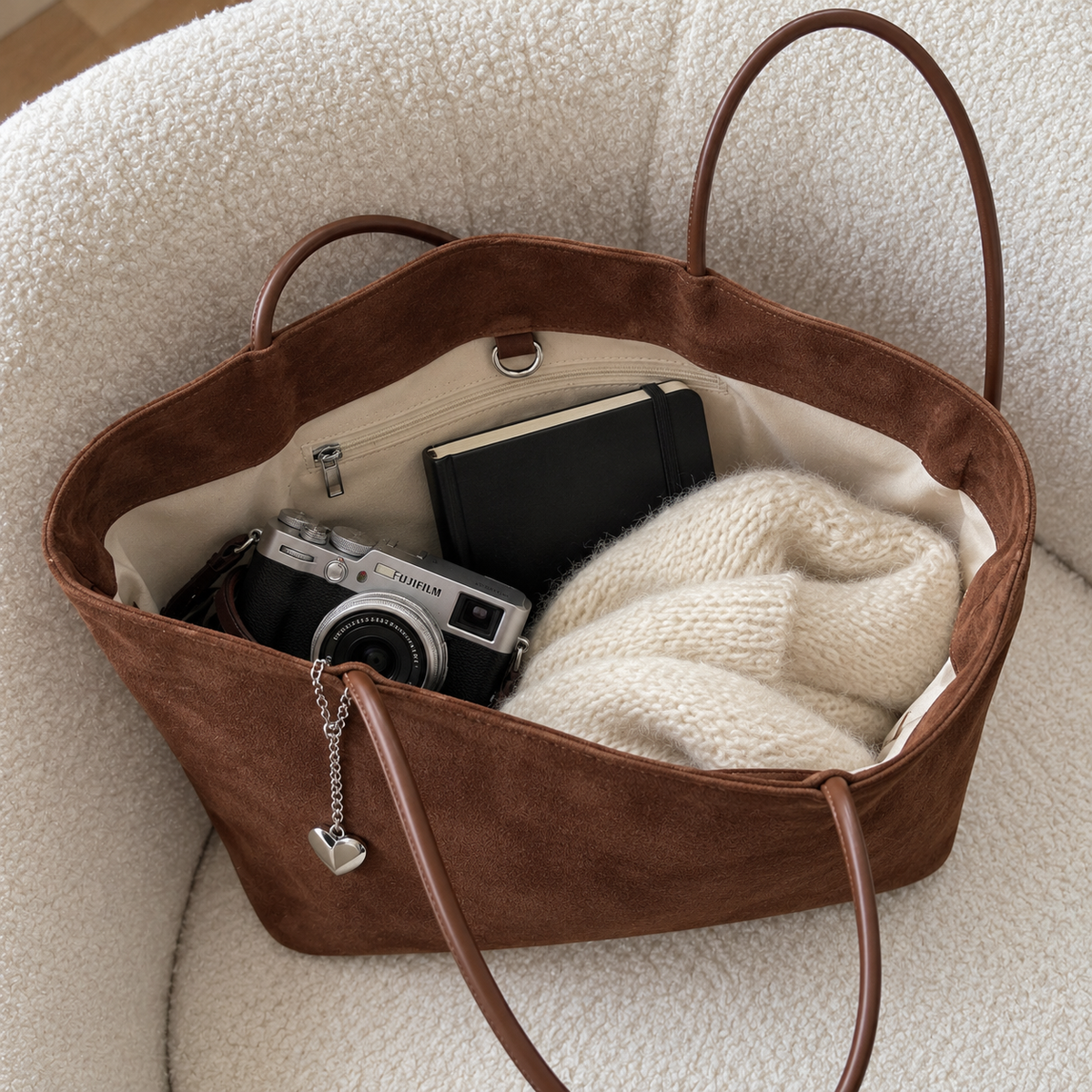 Daimée Suede-Look Shoulder Bag - Brown - on a bouclé armchair