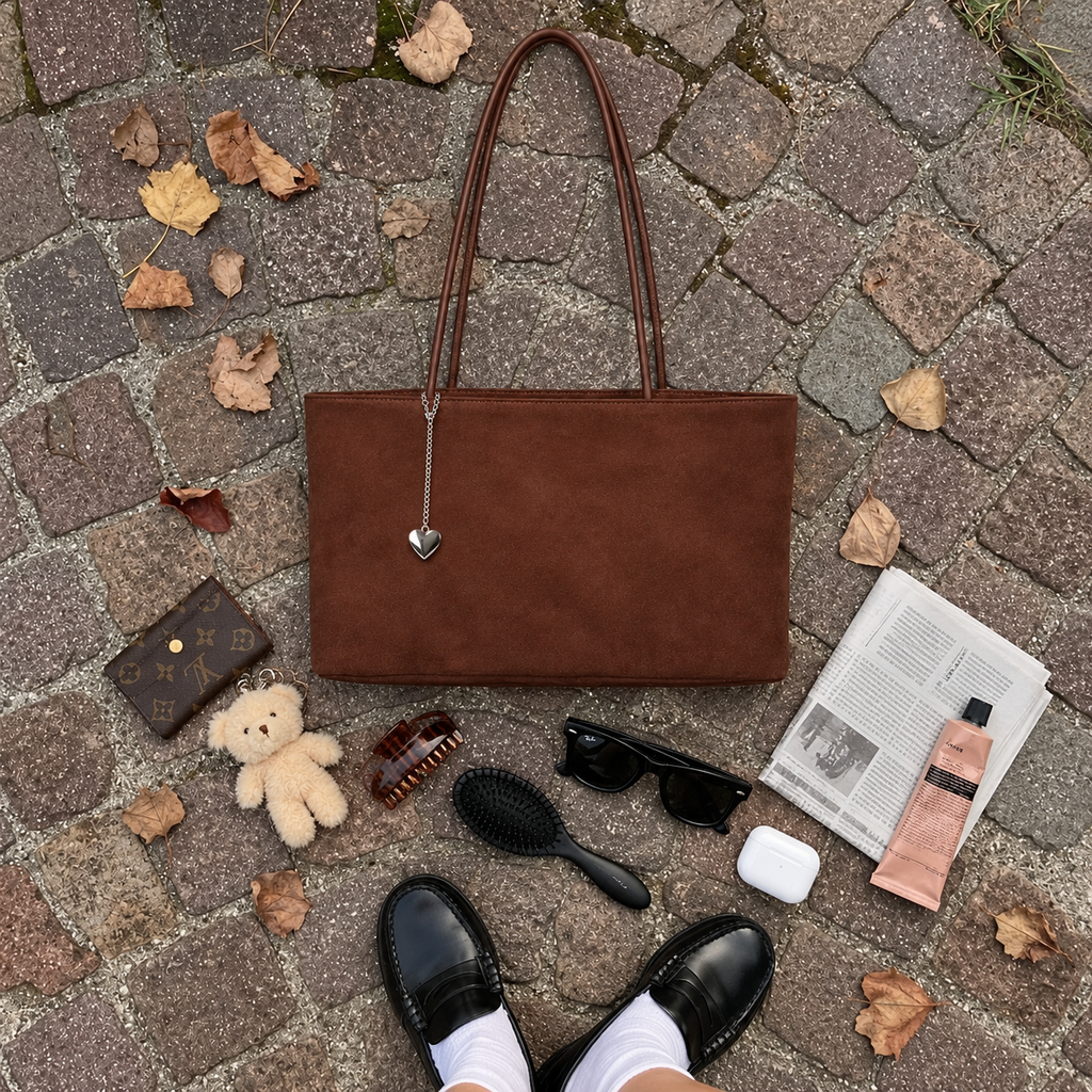 Daimée Suede-Look Shoulder Bag - Brown - flat lay with everyday essentials