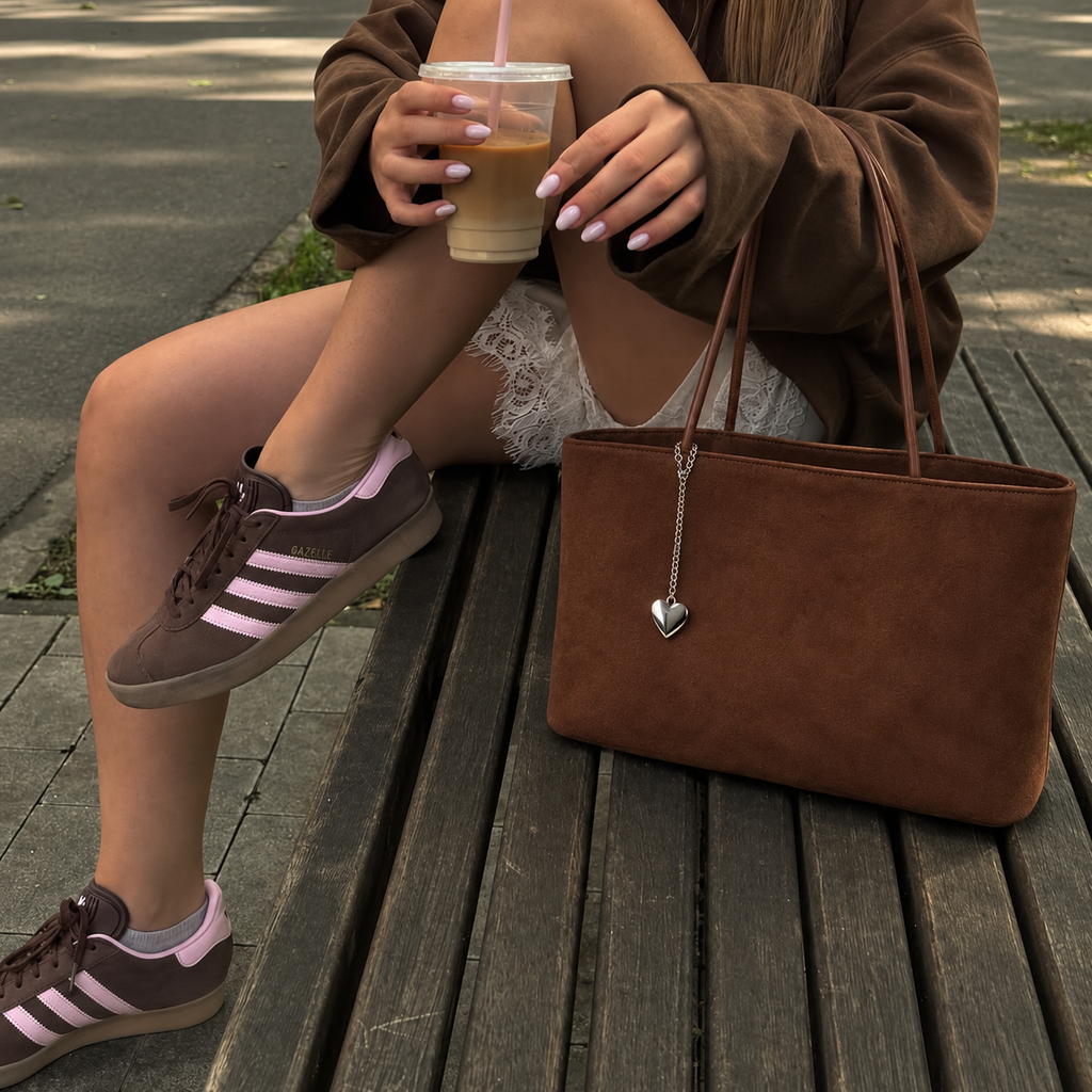 Daimée Suede-Look Shoulder Bag - Brown - on a park bench