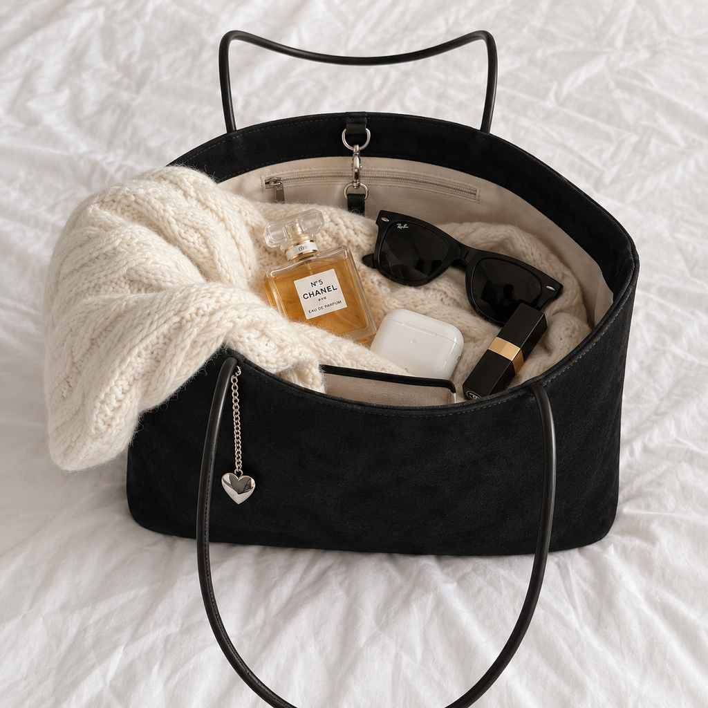 Daimée Suede-Look Shoulder Bag - Black - open on the bed with everyday essentials