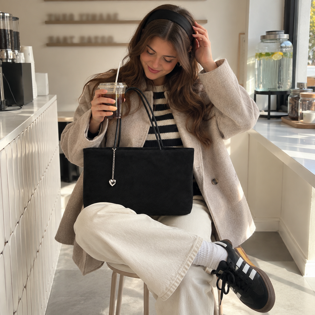 Daimée Suede-Look Shoulder Bag - Black - at the café