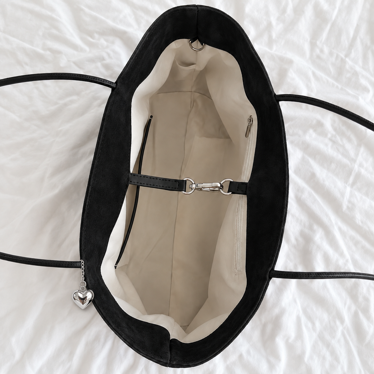 Daimée Suede-Look Shoulder Bag - Black - inside view with key hook