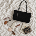 Daimée Suede-Look Shoulder Bag - Black - flat lay with everyday essentials