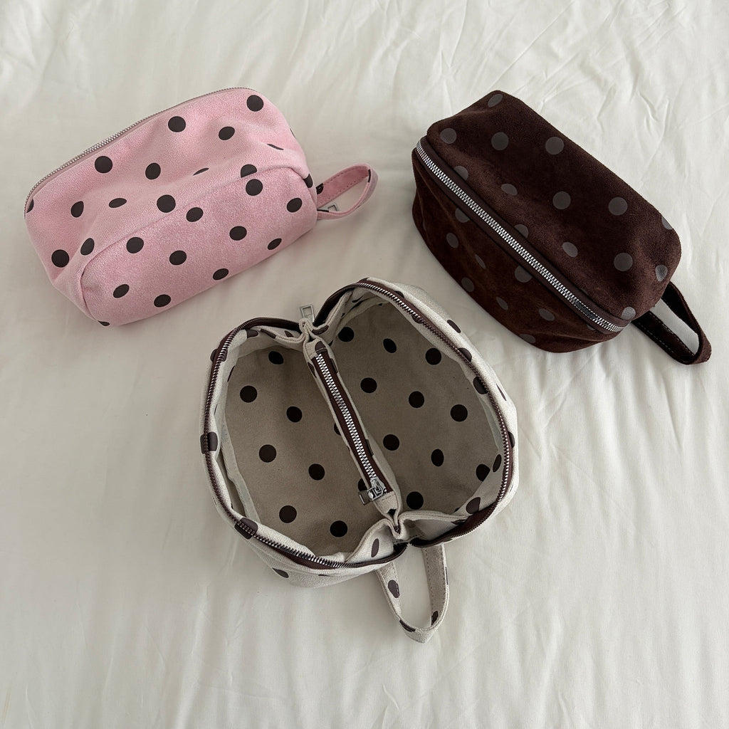 Châtaine Polka Dot Suede-Look Beauty Bag - open Cream bag showing inside