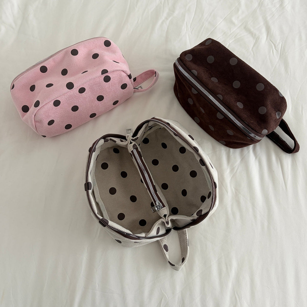 Châtaine Polka Dot Suede-Look Beauty Bag - open Cream bag showing inside