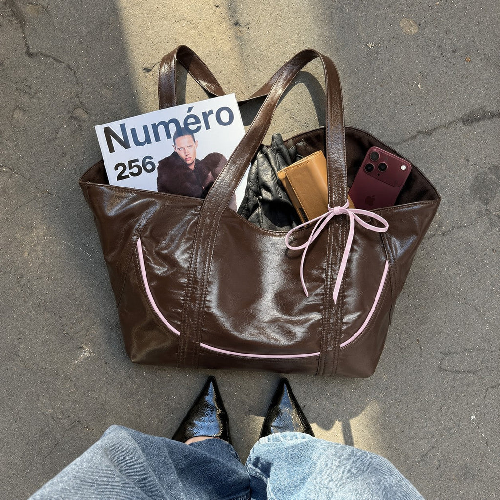 Clovara Glossy Tote Bag - Brown - packed with a magazine, phone and wallet
