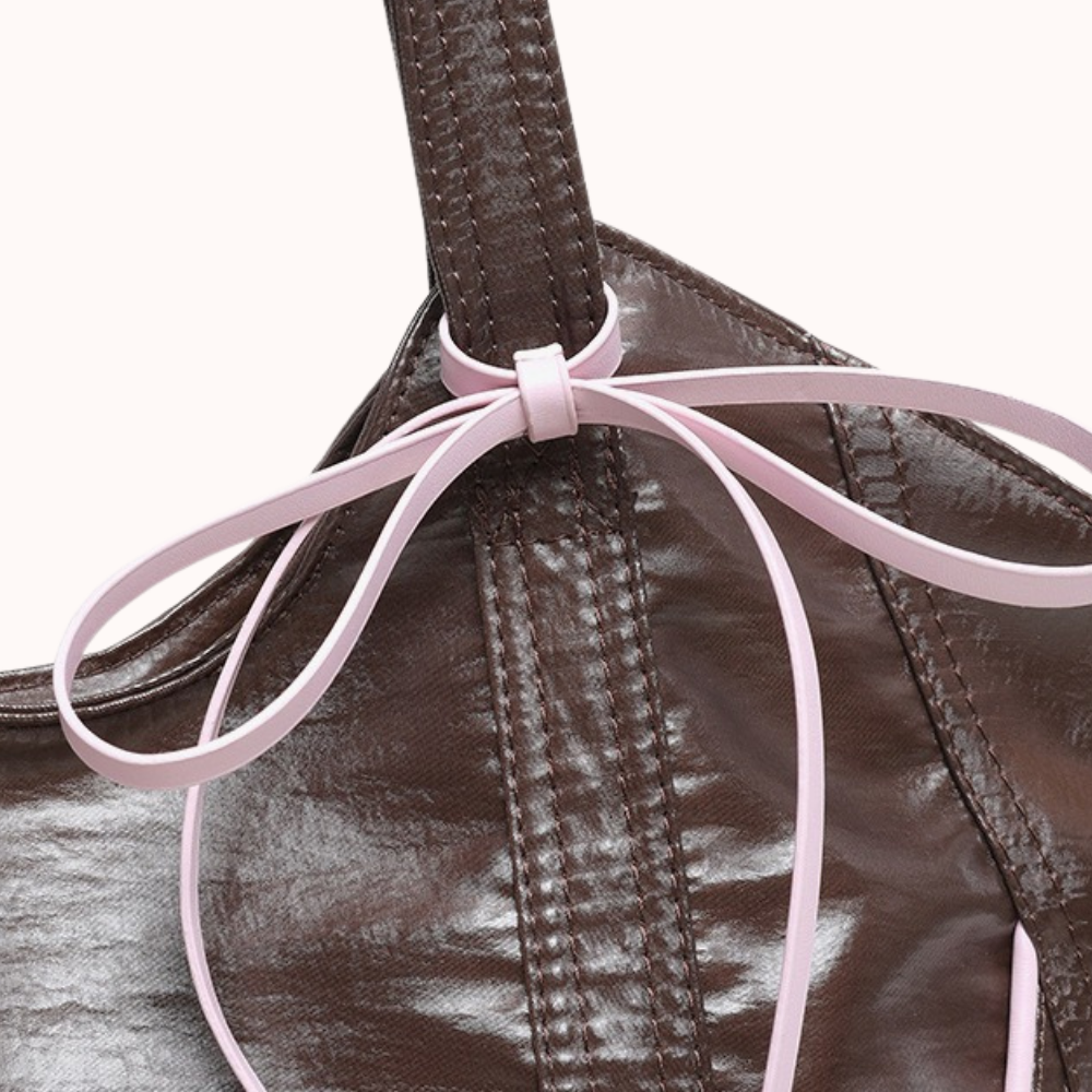 Clovara Glossy Tote Bag - Brown - bow and stitching detail