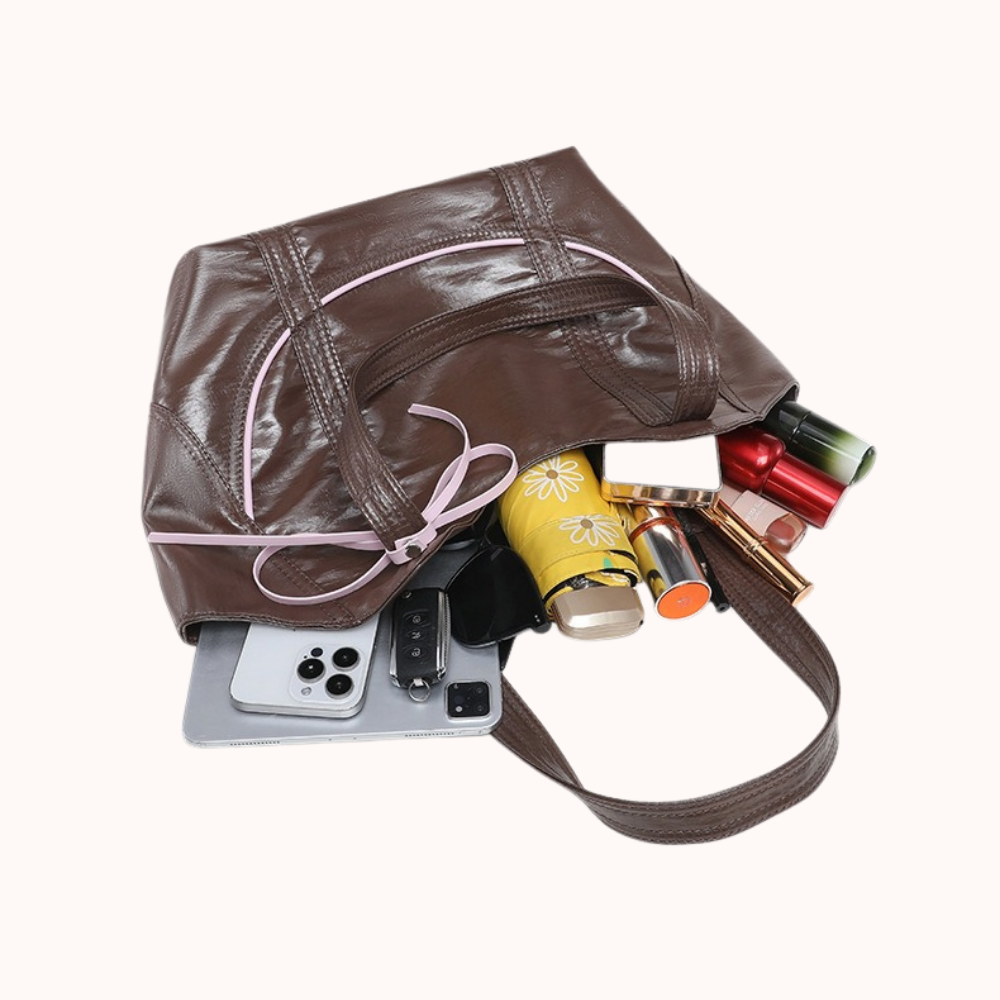 Clovara Glossy Tote Bag - Brown - open with everyday essentials