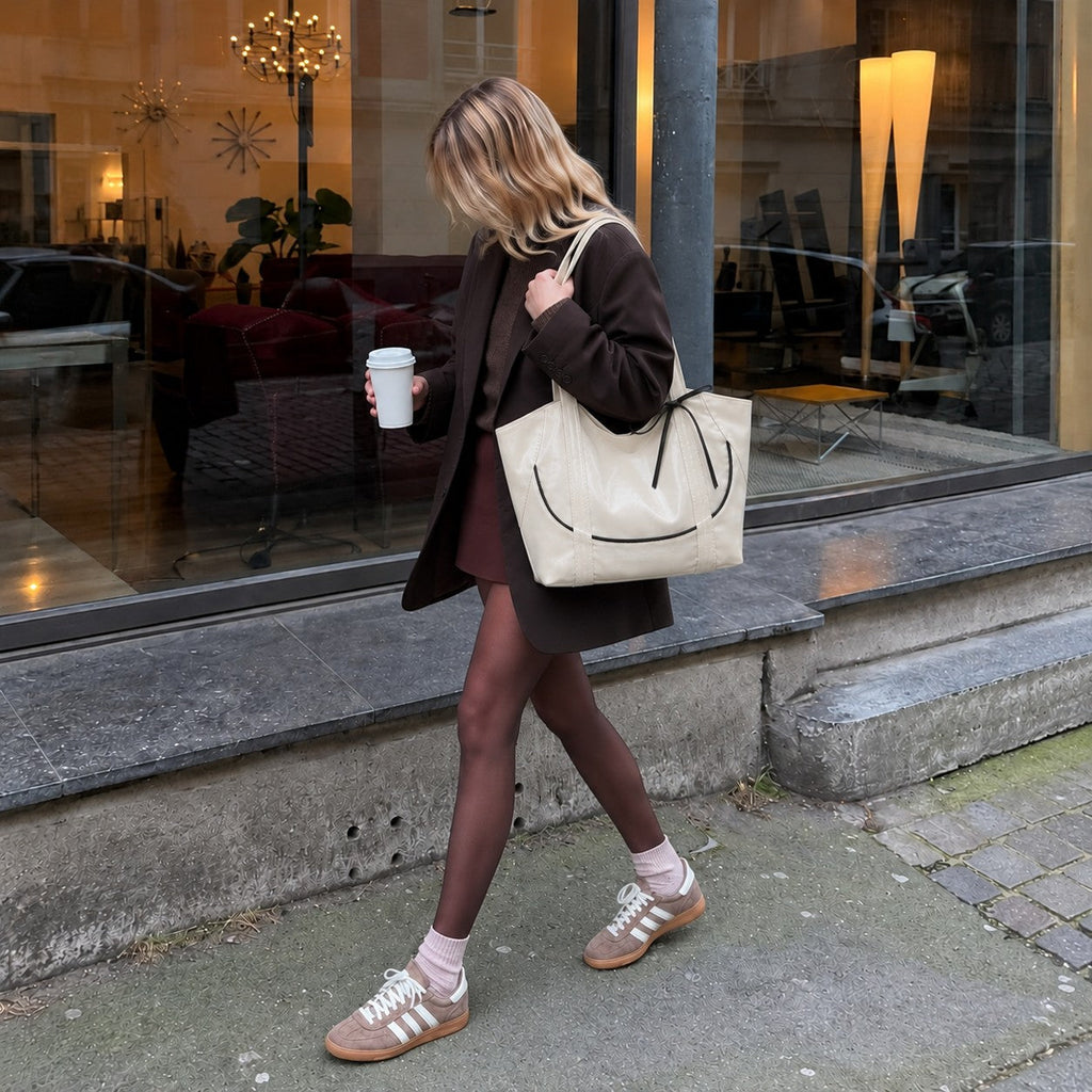 Clovara Glossy Tote Bag - White - on an evening city walk