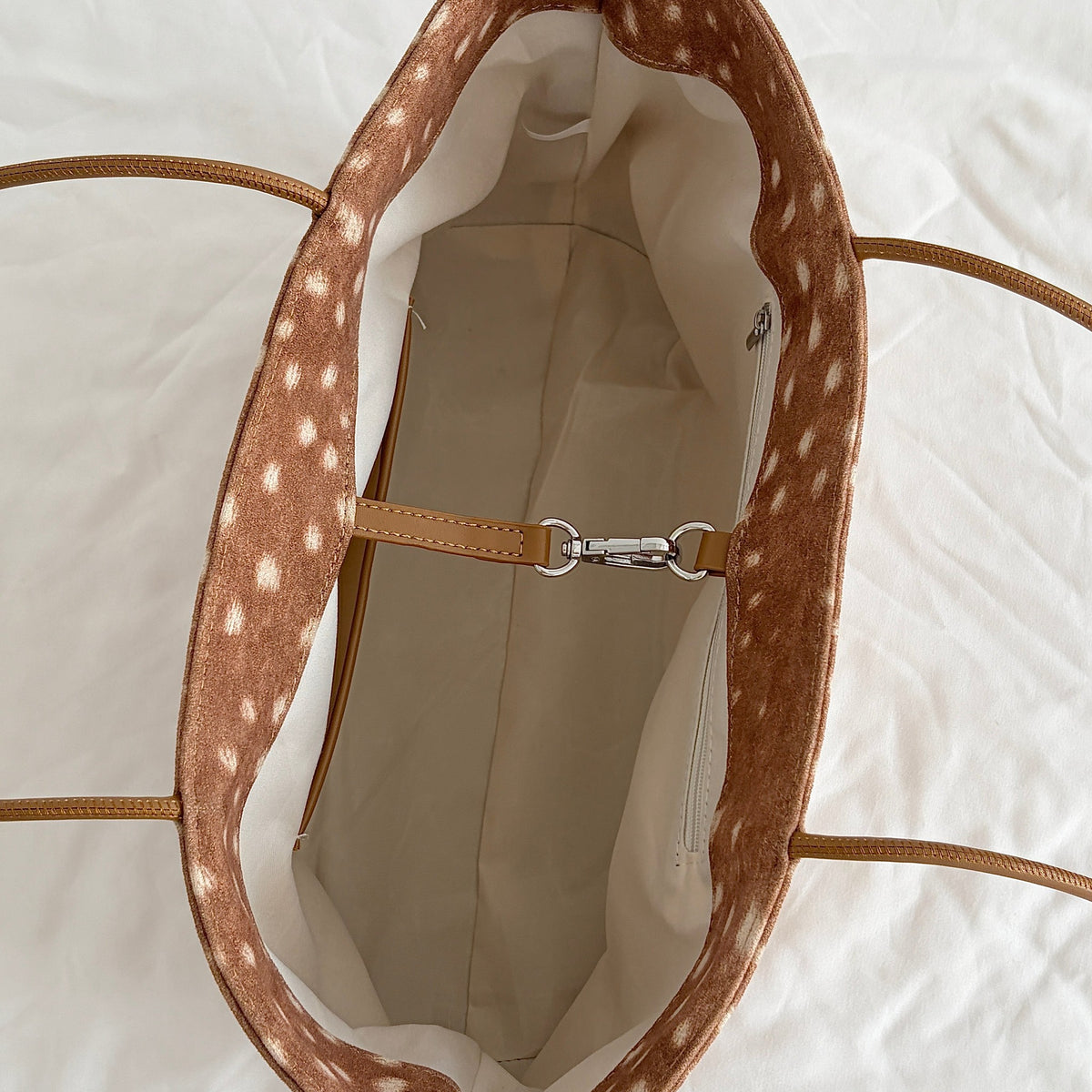 Daimée Suede-Look Shoulder Bag - Classic - inside view with cream lining and hook clasp