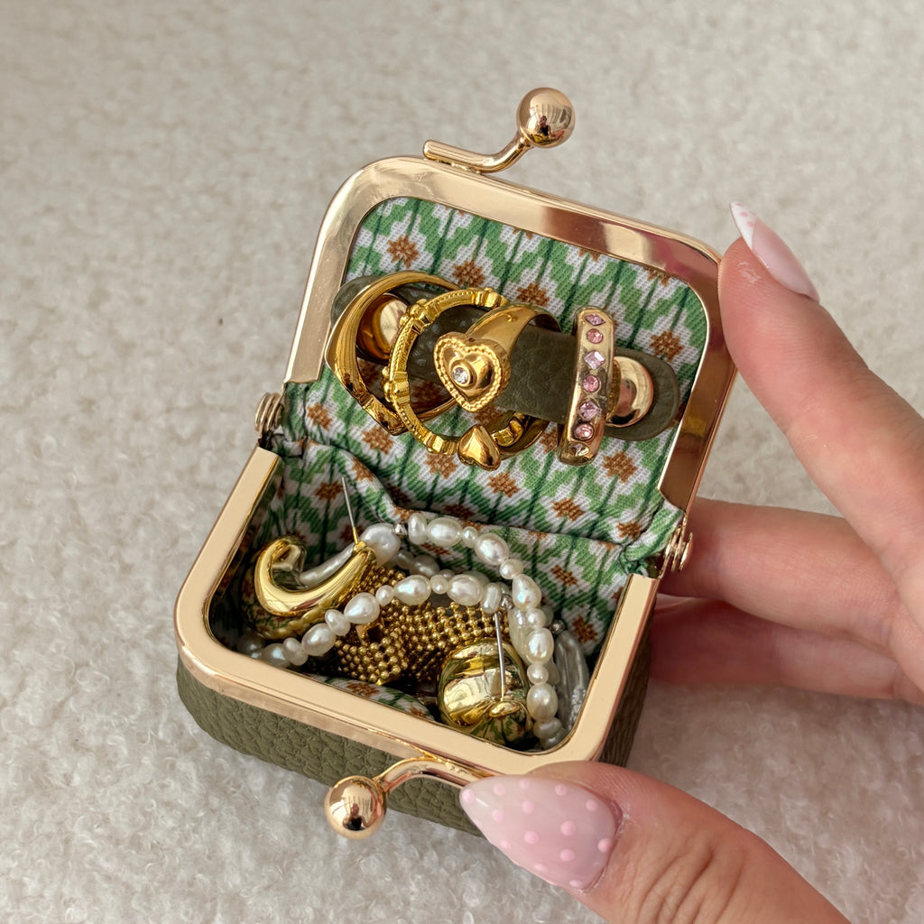 Écrinette Kiss-Lock Jewelry Case - open with jewellery in Olive Green