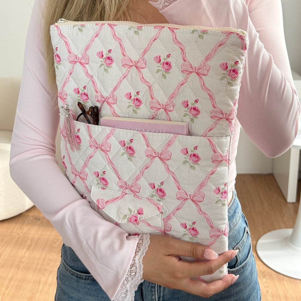 Églantine Rose Print Laptop Sleeve - held in arms, Pink Floral