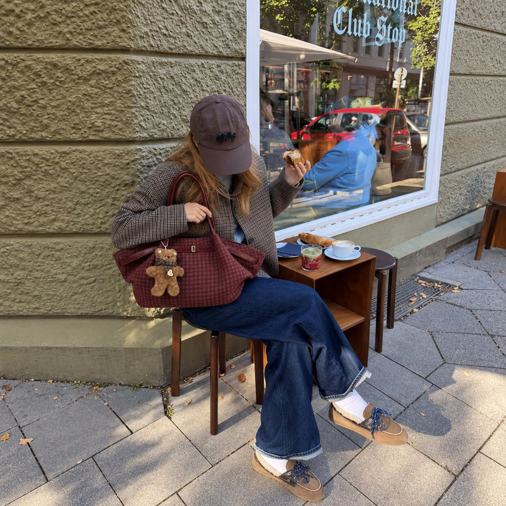 Oursette Teddy Charm Check Tote Bag - Burgundy - at a sidewalk cafe
