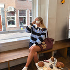 Oursette Teddy Charm Check Tote Bag - Burgundy - by a cafe window