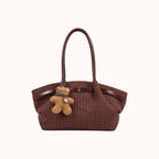 Oursette Teddy Charm Check Tote Bag - Burgundy - front view