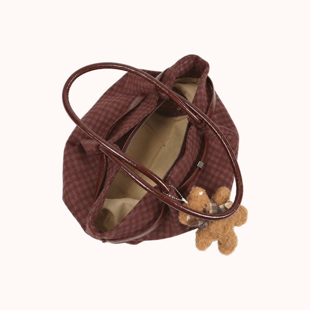 Oursette Teddy Charm Check Tote Bag - Burgundy - open zip top and lining