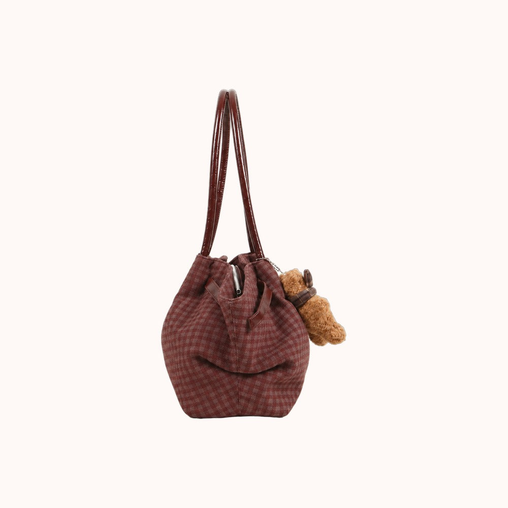 Oursette Teddy Charm Check Tote Bag - Burgundy - side view