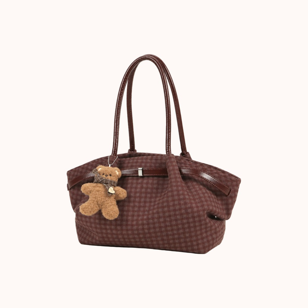 Oursette Teddy Charm Check Tote Bag - Burgundy - three-quarter view