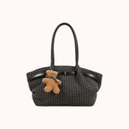 Oursette Teddy Charm Check Tote Bag - Charcoal Black - front view