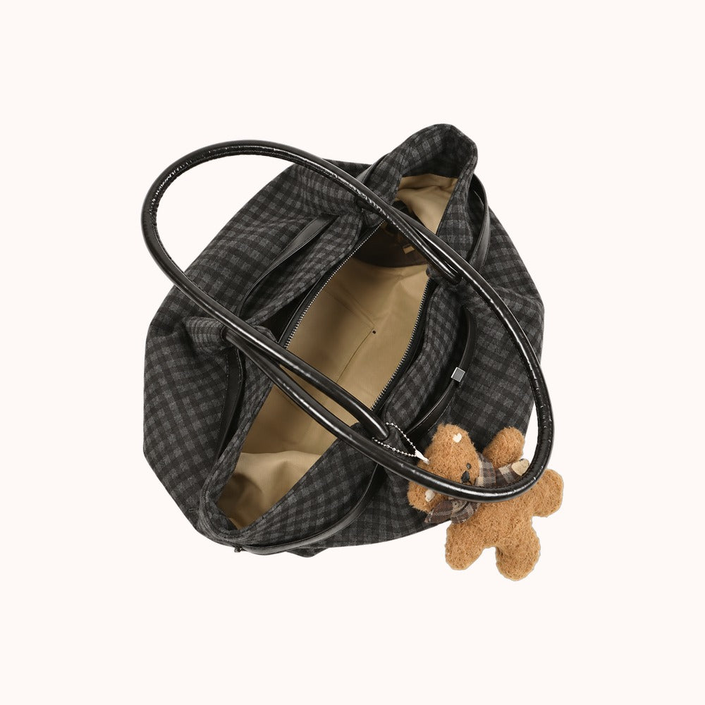 Oursette Teddy Charm Check Tote Bag - Charcoal Black - open zip top and lining