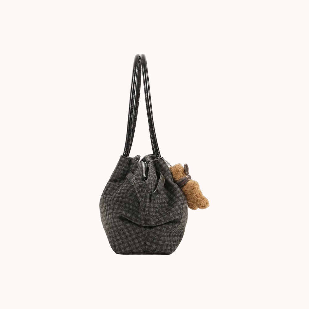Oursette Teddy Charm Check Tote Bag - Charcoal Black - side view