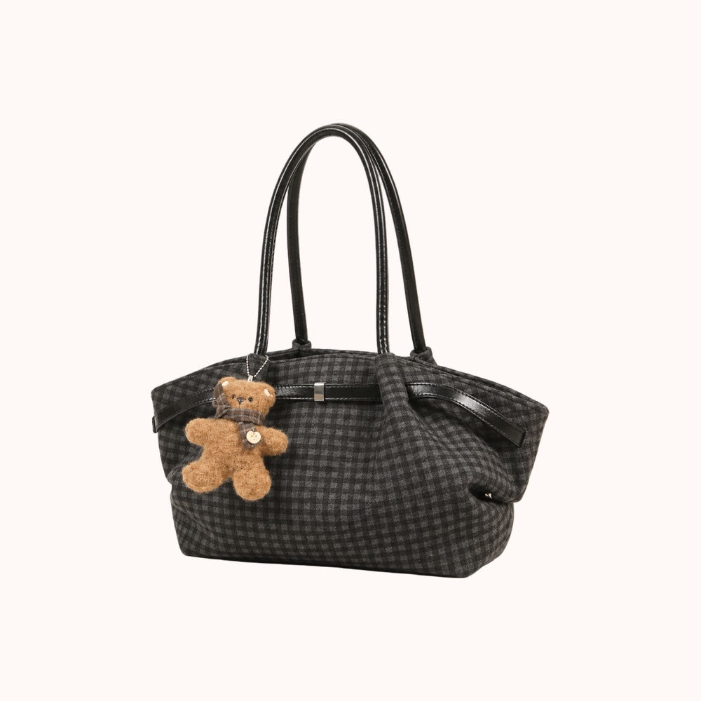 Oursette Teddy Charm Check Tote Bag - Charcoal Black - three-quarter view