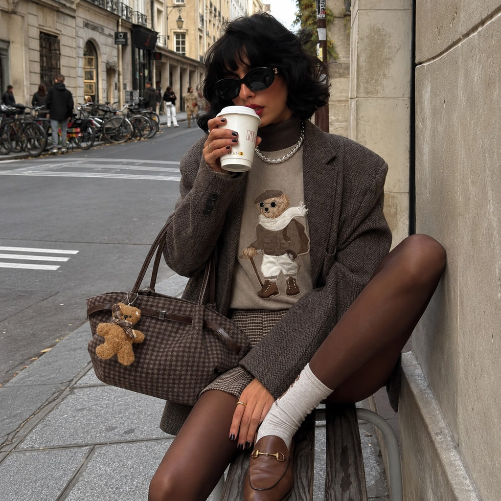 Oursette Teddy Charm Check Tote Bag - Mocha Brown - carried on a city street