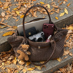 Oursette Teddy Charm Check Tote Bag - Mocha Brown - packed with laptop and camera on autumn steps